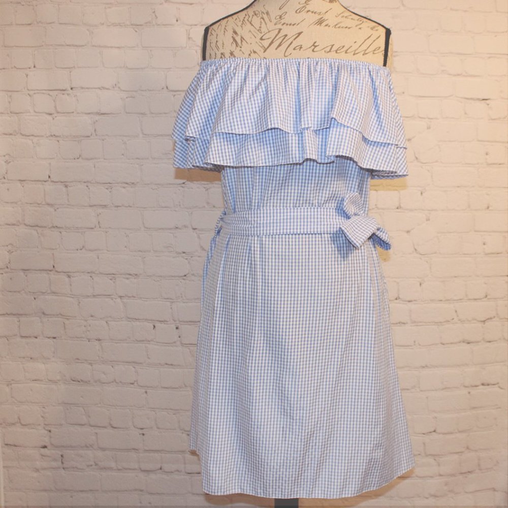 New strapless white/blue square patterned dress